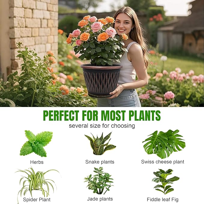 4 Pack 10 Inch Retro Plant Pots, Vintage Striped Flower Pots with Drainage Hole & Saucer, Large Plastic Planters for Indoor and Outdoor Plants, Decorative Garden Pots(Copper)-Ruum Studio Home