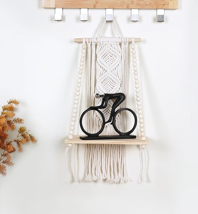 Wooden Macrame Wall Hanging w/Shelf & Sturdy Beaded Rope - Handmade Modern Living Room Decor - Macrame Wall Decor to Securely Hold Plants & More - Beautiful Boho Decorations for Interior Design-Ruum Studio Home