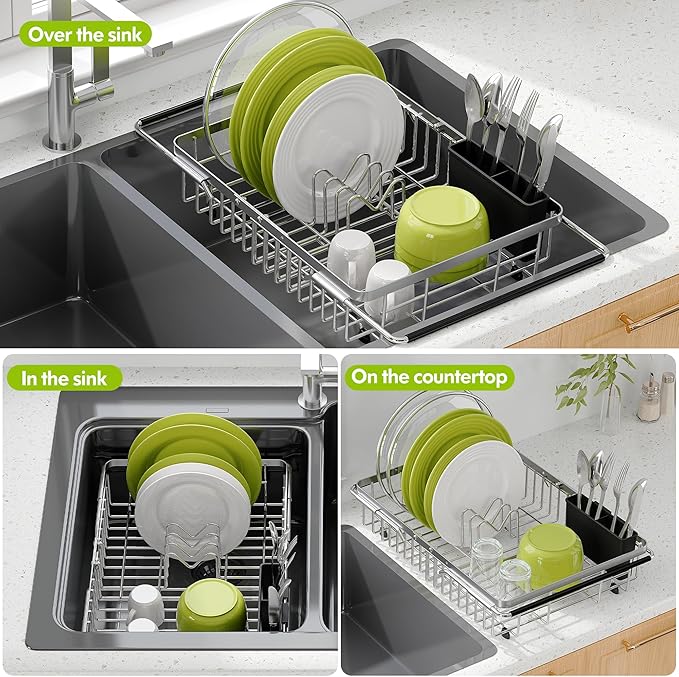 Dish Drying Rack in Sink, Expandable Stainless Steel Dish Drainer for Kitchen Sink, Dish Strainer Rack, Retractable Over Sink Dish Rack with Utensil Holder, 13.1''~16.6''D x 11.8''W, Silver-Ruum Studio Home