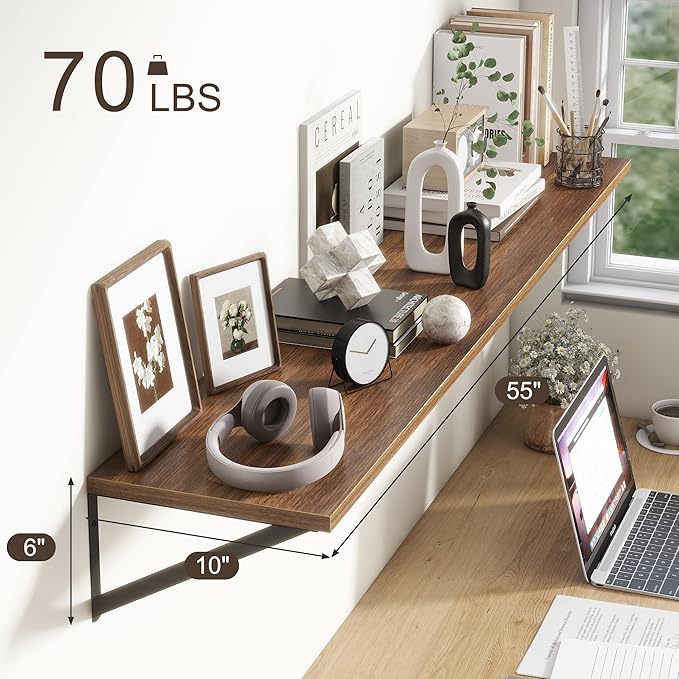 Floating Shelves 55 Inch Long, 10" Deep Floating Shelves, Walnut Wall Shelves 55 x 10, Set of 2, Wide Large Display Storage Shelves for Bathroom, Living Room, Rustic Wood Shelves with Brackets-Ruum Studio Home