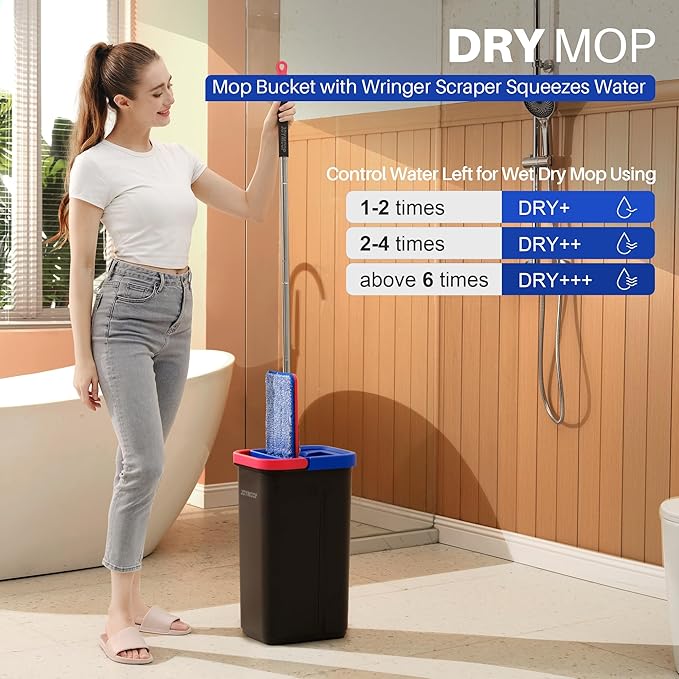 JOYMOOP Mop and Bucket Set for Home, Hands-Free Self-Cleaning System, with 5 Reusable Microfiber Mop Pads, Suitable for Floor Cleaning and Wall Cleaner - Black+Red+Slate Blue-Ruum Studio Home