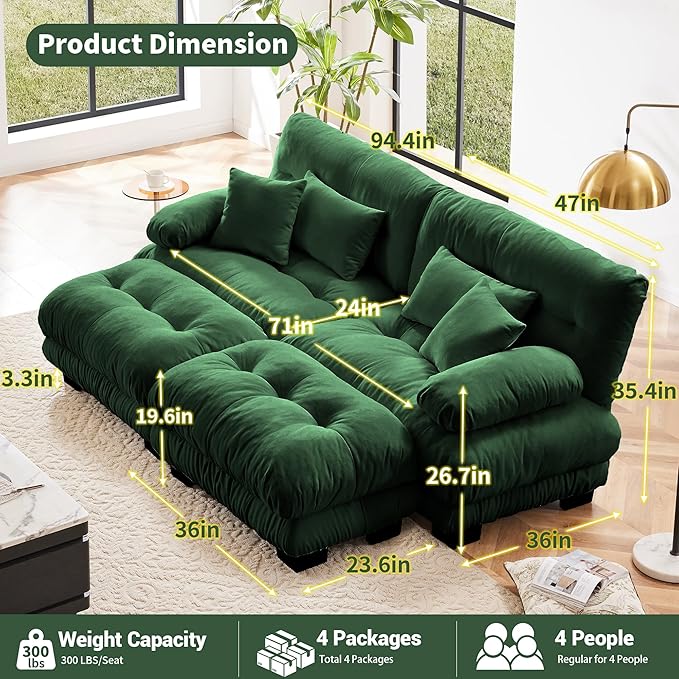Modular Sectional Sofa, Cloud Couch U Shaped Sectional Couches for Living Room, Green Couch Oversized Loveseat with Movable Ottoman, Modern Deep Seat Sofa with Throw Pillows, Chenille-Ruum Studio Home