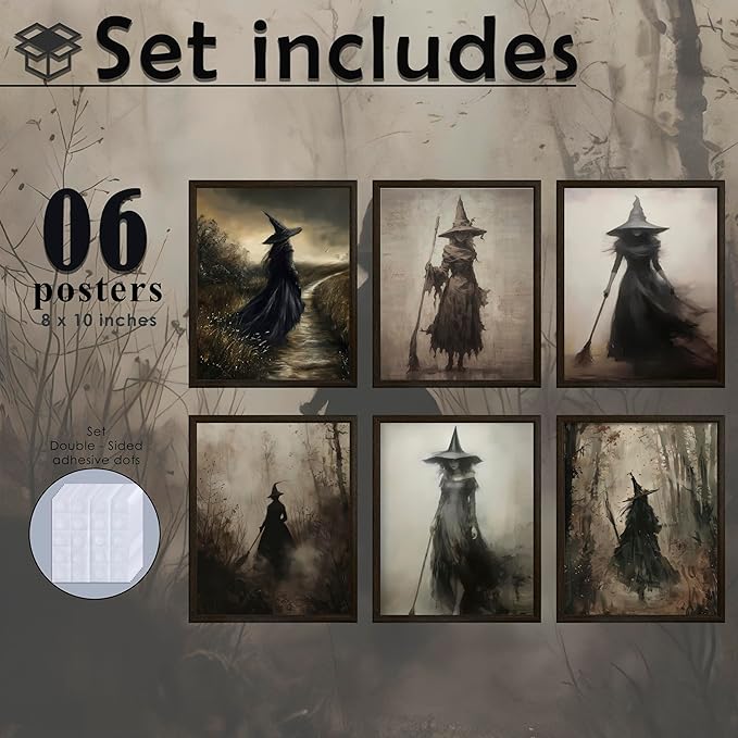 LANCHI95 6 Pcs 8x10in Vintage Rustic Witch Posters Halloween Wall Art Witch in The Forest Painting Prints Goth Dark Moody Wall Decor for Living Room Bedroom 8x10 in (UNFRAMED)-Ruum Studio Home