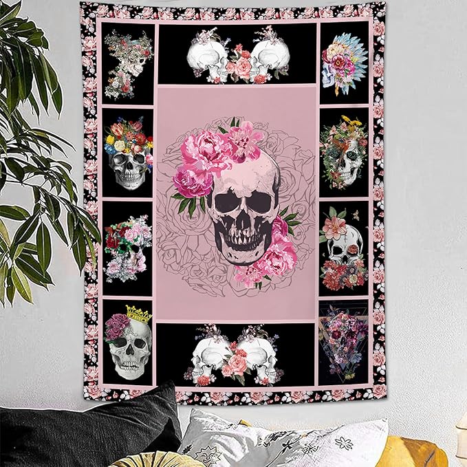 yowecso Sugar Skull Tapestry Horror Skeleton Tapestry Wall Hanging for Bedroom Rose Skull Tapestries Aesthetic Wall Decor for Home Dorm Living Room 50"x60"-Ruum Studio Home