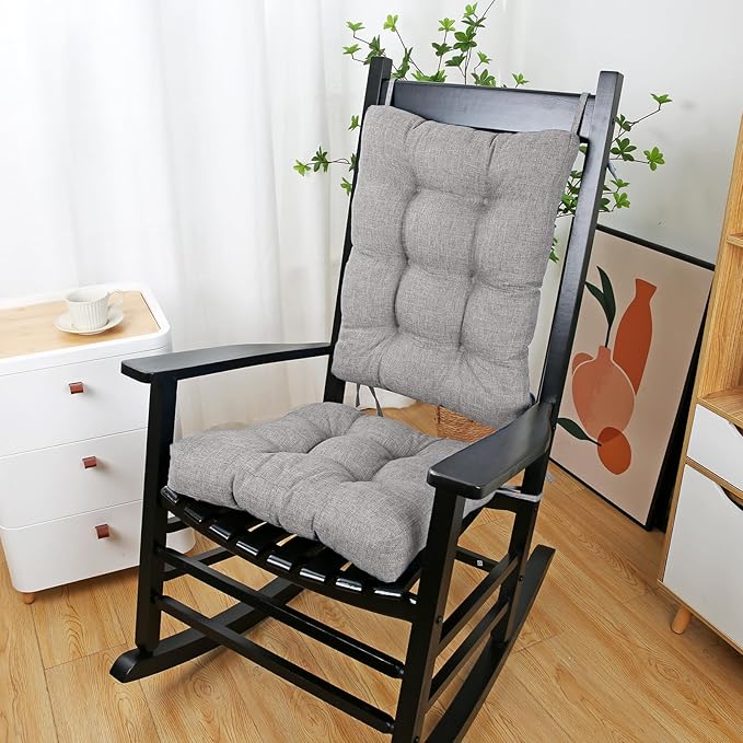 BUYUE Chair Cushion Set for Rocking Chair, Back Pillow & Seat Cushion with Ties, Original Woven Fabric Non-Slip Chair Pads for Elderly Sitting, Light Gray-Ruum Studio Home