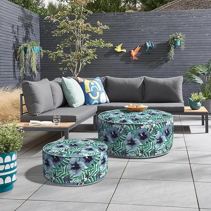 Inflatable Ottoman Stool D31 xH14 for Outdoor/Indoor Use, Water Repellent Patio Foot Rest with Portable Handle,Round Pouf Ottoman Suitable for Garden,Deck and Camping - Blue Salmone Tropical-Ruum Studio Home