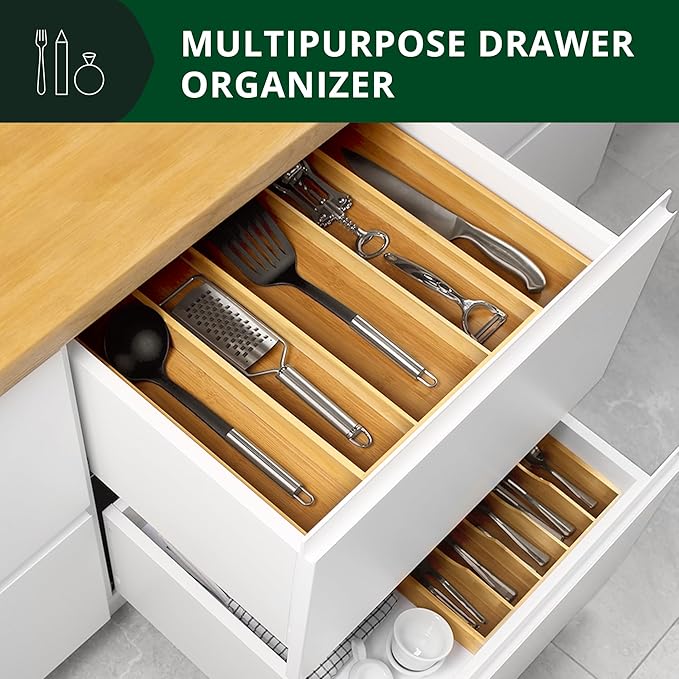 ROYAL CRAFT WOOD Luxury Bamboo Kitchen Drawer Organizer - Silverware Organizer - Utensil Holder and Cutlery Tray with Grooved Drawer Dividers for Flatware and Kitchen Utensils (5 Slot, Natural)-Ruum Studio Home
