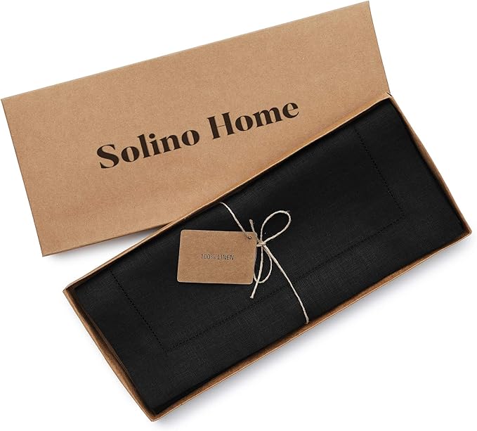 Solino Home Linen Black Table Runner 144 Inches Long - 100% Pure Linen Extra Long Table Runner 14 x 144 Inch for Fall, Autumn, Halloween, Thanksgiving - Classic Hemstitch-Ruum Studio Home