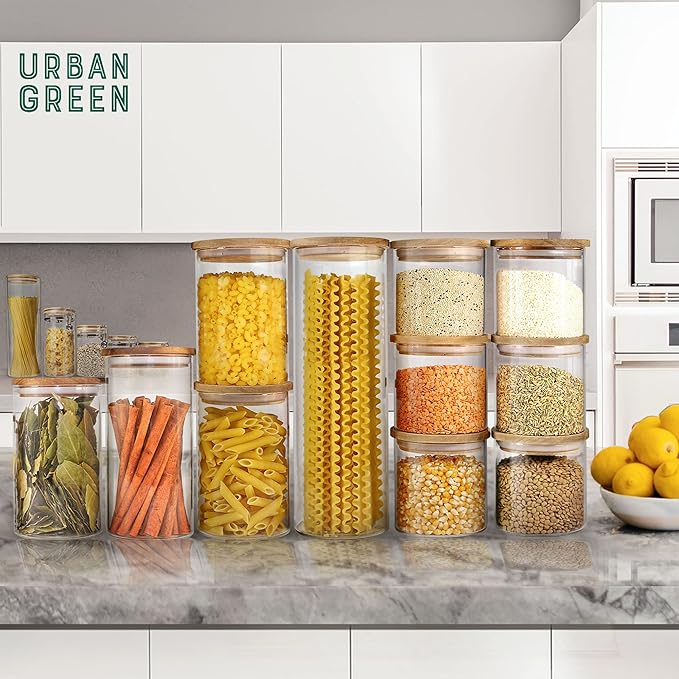 Urban Green Glass Jars with Airtight Lids, Airtight Canisters with Wood Lids, Glass Storage Containers with Bamboo Lid, Food Storage Containers Set (6 Pack of 27oz)-Ruum Studio Home