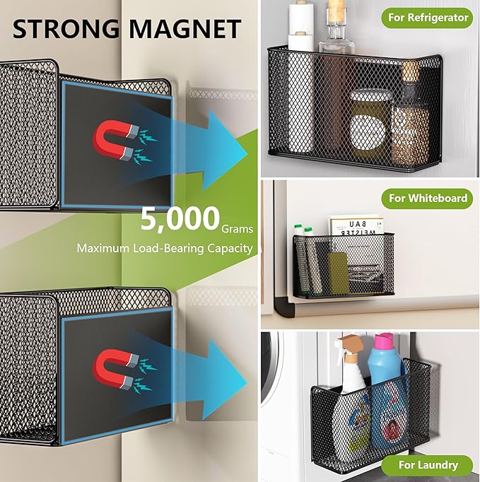 Magnetic Basket Fridge Lint Bin Dryer Ball Holder Laundry Room Organization Home Storage for Class Office School (Mesh，(1-Pack) Black/L)-Ruum Studio Home