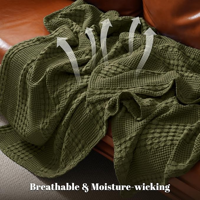 PHF 100% Cotton Waffle Weave Blanket Twin Size, Soft Lightweight Breathable Cozy Summer Blankets for Bed, Luxury Aesthetic Woven Bedding for Home Decor, 66"x90", Capulet Olive-Ruum Studio Home