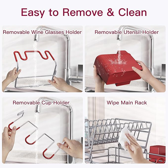 BOOSINY 2 Tier Red Large Stainless Steel Dish Drainers Drying Rack for Kitchen Counter with Drainboard, Rust Proof Metal, Space Saving, Modern Aesthetic, Compact Plates Strainers with Extra Mat-Ruum Studio Home