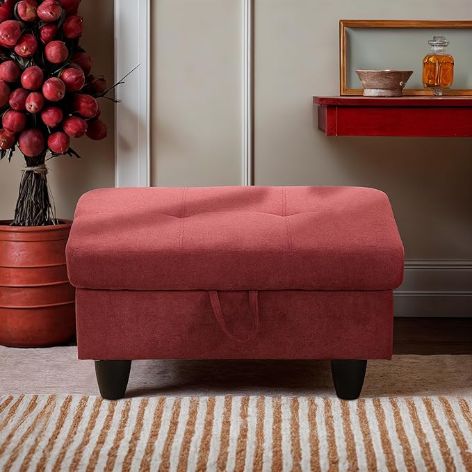 Ottoman Rectangular Storage Ottoman Bench, Flannel Footrest Stool Footstool with Lid for Living Room, Bedroom, Entryway, Red, 28.5"x19"x17.5"-Ruum Studio Home