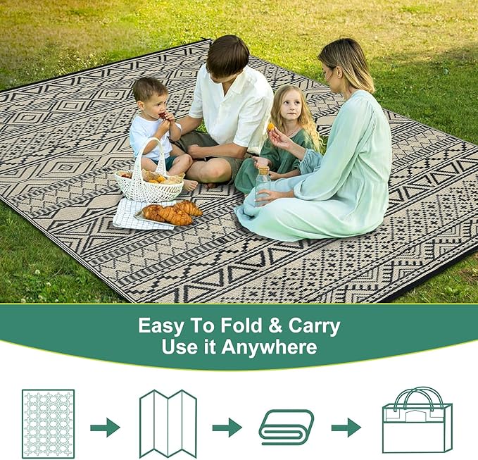 GAOMON Outdoor Rug Waterproof 8'x10', Reversible Outdoor Plastic Straw Rug, Boho Patio Rug, Indoor Outdoor Carpet, RV Mat Outside for Patio, Camp, Picnic, Balcony, Deck, Black/Coffee(Bohemia)-Ruum Studio Home