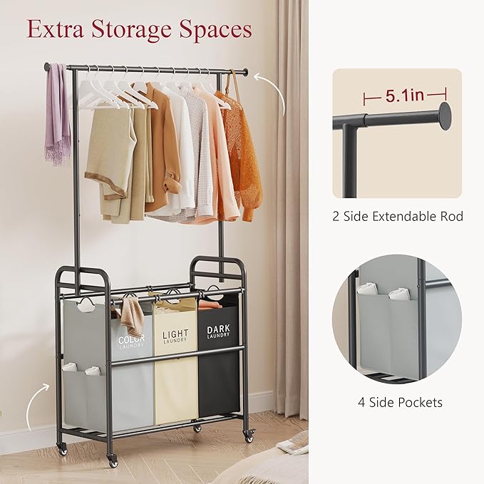 Tajsoon Laundry Sorter Cart with Hanging Clothes Rack, 3 Butler Sorter Basket Organizer, Laundry Hamper Cart with Heavy Duty Rolling Lockable Wheels, 3 Colors-Ruum Studio Home