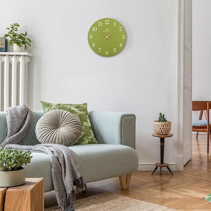 Lafocuse 12 Inch Silent Olive Green Wall Clock Battery Operated for Living Room Decor, Simple Minimalist Wooden Wall Clock for Kitchen Bedroom Office-Ruum Studio Home