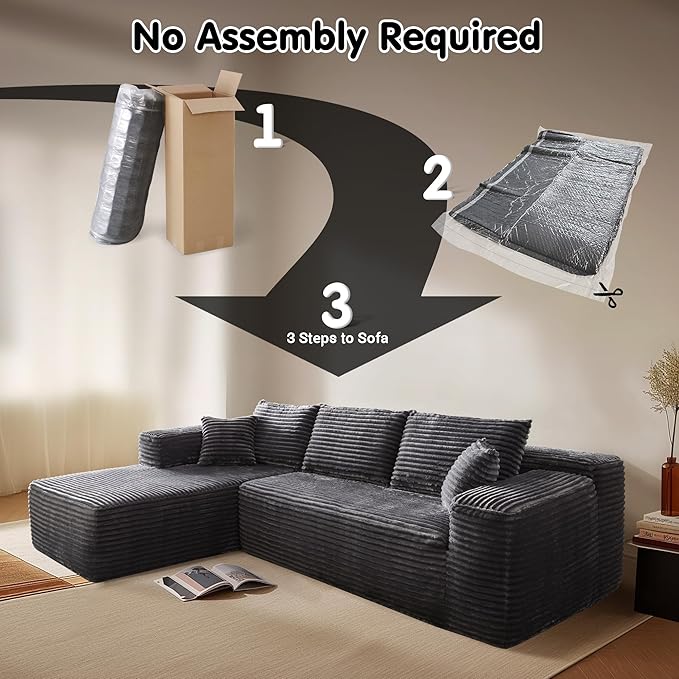 ovios 104" Cloud Sectional Couch with L-Shape Chaise,Modern Modular Sofa with Deep Seat, Upholstered Couches for Living Room Bedroom,No Assembly Required, Grey (Plush Corduroy Fabric)-Ruum Studio Home