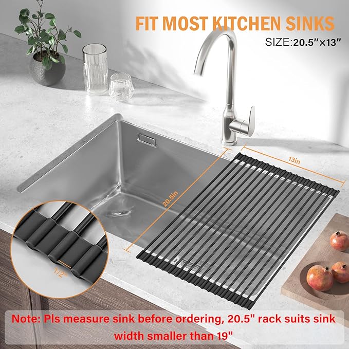 LEMIKKLE 20.5" x 13" Roll Up Dish Drying Rack Silicone Wrapped Over The Sink Dish Drying Rack Foldable Sink Drying Mat, Heat-Resistant & Anti-Rust Dish Rack for Kitchen Sink, Black-Ruum Studio Home