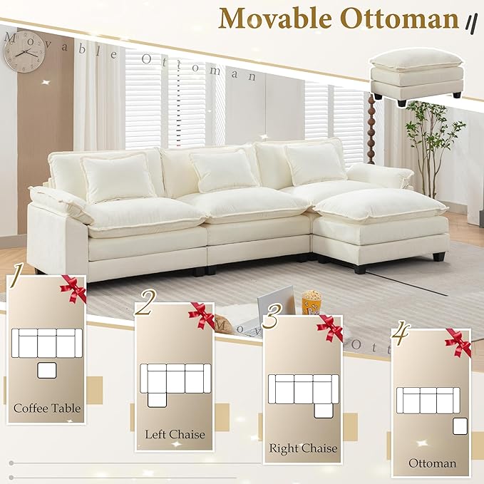 URRED Modular Sectional Sofa Comfy Cloud Couch, Modern Chenille Sofa Sleeper Deep Seat Couches with Ottoman/Pillows for Living Room (White, 117''- L Shape)-Ruum Studio Home