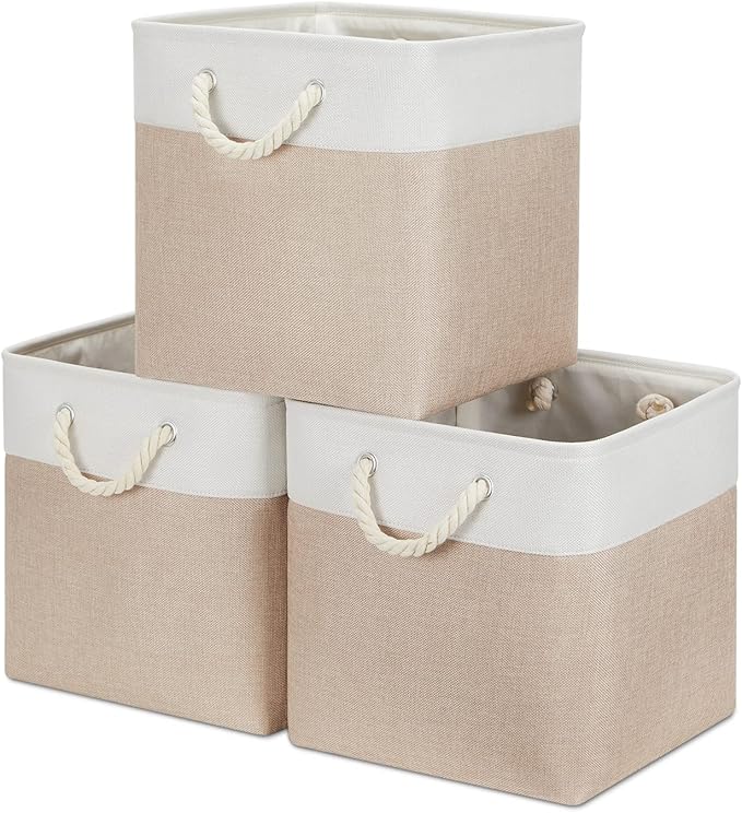 Bidtakay Fabric Storage Baskets for Organizing Beige 13 Inch Collapsible Square Baskets 3 Pack Organization Bins Large Cube Storage Bins Closet Baskets for Shelves Clothes-Ruum Studio Home