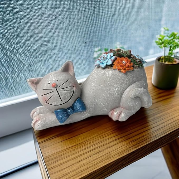 Cat Garden Figurines Outdoor Decor Solar Statue with Succulent and LED Lights for Patio Lawn Yard Art Decoration Housewarming Garden Gift-Ruum Studio Home