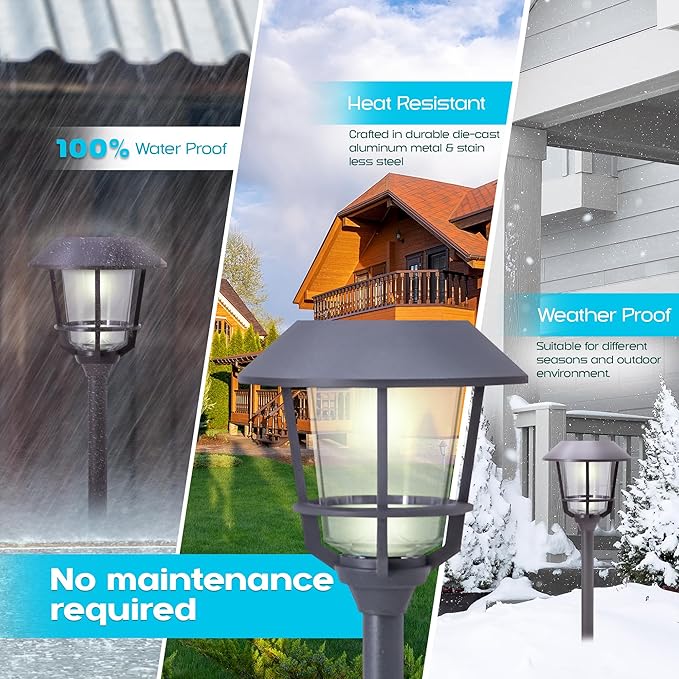 Solar LED Path Lights 4 Pack – 12 Lumens, Warm White, Weathered Zinc, Stainless Steel, Solar Powered, Weather-Resistant Outdoor Lighting for Walkway, Garden, Patio, Sidewalk-Ruum Studio Home