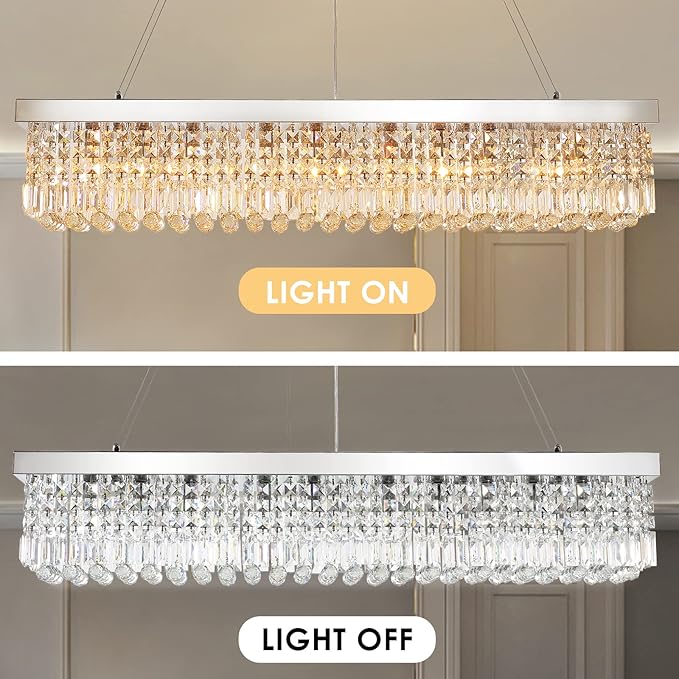 Siljoy Modern Rectangular Crystal Chandelier, 47" Rectangle Raindrop Hanging Ceiling Pendant Light Fixture Adjustable Height for Kitchen Island Dining Room, Polished Chrome Finish, L47 x W10 x H10-Ruum Studio Home