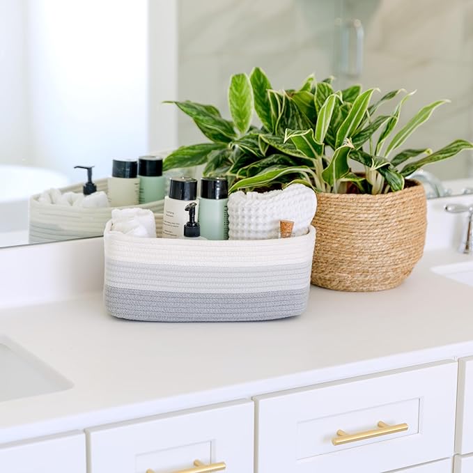 NaturalCozy 13.5”x8.5”x5.5” Rectangle Storage Baskets for Shelves 3 Pack | Cotton Rope Woven Small Baskets for Organizing | Small Storage Bins for Nursery, Bathroom, Closet, Shelf, Decorative-Ruum Studio Home