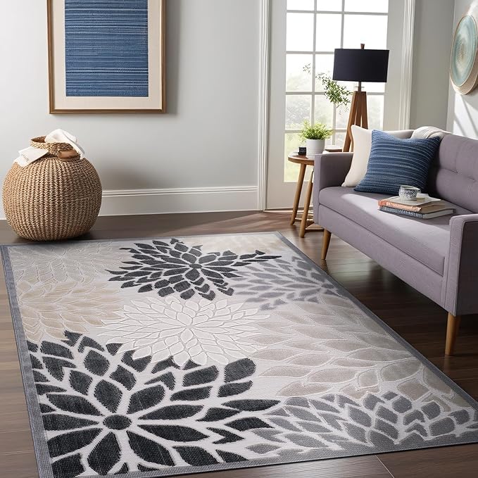 Beverly Rug Outdoor Rug 9x12 Large Modern Floral Tropical Area Rugs for Indoor and Outdoor Patio Easy to Clean Non Shedding Living Room Porch Garden Washable Outside Carpet (9 x 12 Beige)-Ruum Studio Home