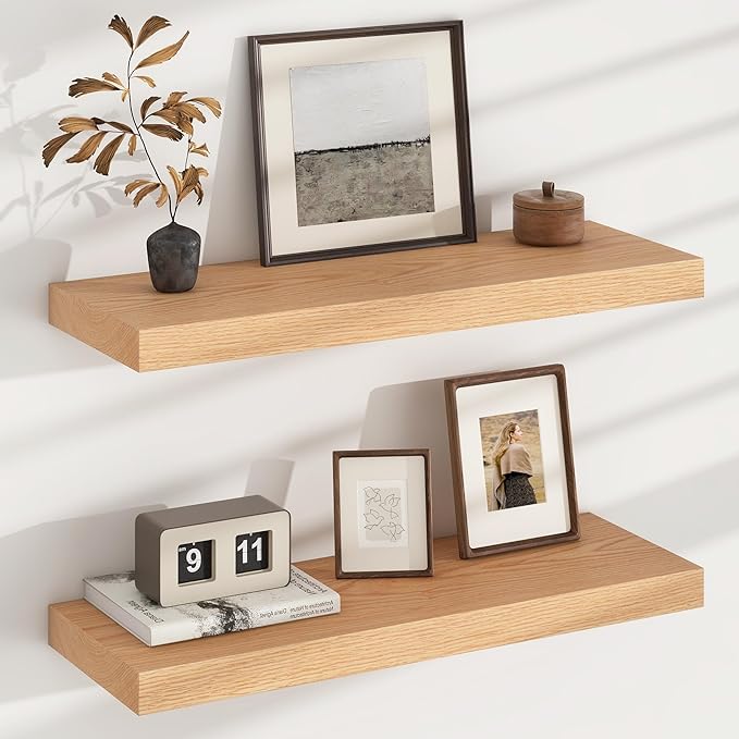 Floating Shelves for Wall, USA-Sourced Oak Wood 24 Inch Wall Shelves Set of 2, Natural Wooden Wall Mounted Picture Ledge Shelf, Nursery Book Storage Shelf Kids Bookshelf, Display Shelf for Bathroom-Ruum Studio Home
