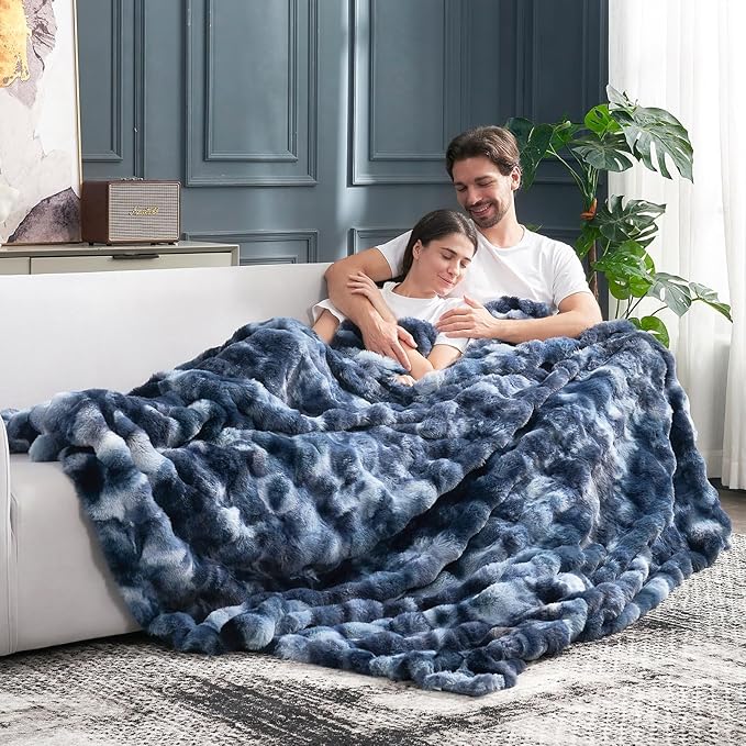 Cozy Bliss Faux Fur Throw Blanket for Couch, Fuzzy Soft Plush Thick Bubble Blanket for Sofa Bedroom Living Room, 90 * 90 Inches Tie Dye Blue-Ruum Studio Home