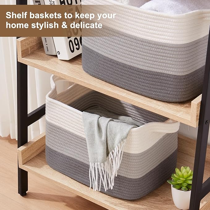 Storage Basket for Organizing, Woven Baskets for Storage, Rectangle Decorative Baskets for Shleves, Closet, Toys, Books, Nursery Organizer Bins - Pack of 3 (Gradient Gray)-Ruum Studio Home