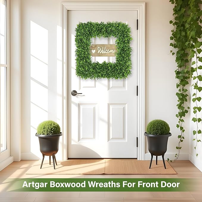 Artgar 22Inch Boxwood Wreath, Spring Wreaths for Front Door, Realistic Green Square Boxwood Wreath for Year-Round Decor, Artificial Summer Wreaths for Wedding Farmhouse Indoor/Outdoor Porch Decor-Ruum Studio Home