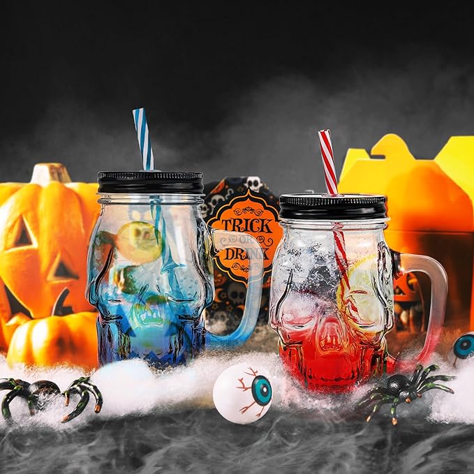 Halloween Cups Set of 4 - Skull Mason Jar with Lids Straws and Handle - Colorful Drinking Glasses for Halloween Party Bar Decor, 16 oz-Ruum Studio Home