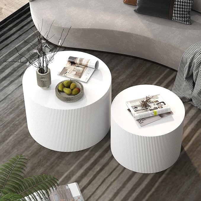 Round Coffee Table Set of 2, Modern Wooden White Nesting Coffee Tables for Living Room, No Assembly Required Circle Side Tables Set Accent End Table for Bedroom, Balcony-Ruum Studio Home