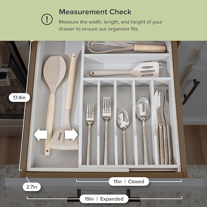 Premium Silverware, Flatware and Utensil Organizer for Kitchen Drawers, Food-Safe Contract Grade, Expandable from 10.5 to 19 In, Gray Bamboo-Ruum Studio Home