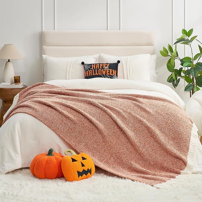Snuggle Sac Orange Fall Blanket Twin Size, Oversized Soft Warm Cozy Knit Bedding Blanket, Luxurious Microfiber Blankets for Bed, Orange, 60x80 inches-Ruum Studio Home