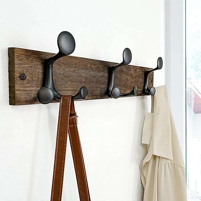 SKOLOO 17-Inch Wood Burnt Coat Rack Wall Mount with 3 Triple Hooks - Ideal for Family Entrances, Classrooms, and Pet Supplies Storage - Perfect Coat Hooks for Wall, Pack of 2-Ruum Studio Home