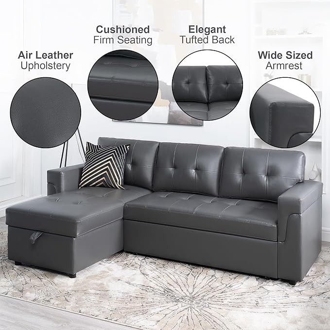 Naomi Home Transform Any Space: Sleeper Sectional Sofa with Convertible Sofa Bed & Inviting Chaise. Find Tranquil Comfort with Stress-Relieving Design & Durable Cushions - Dark Gray/Air Leather-Ruum Studio Home
