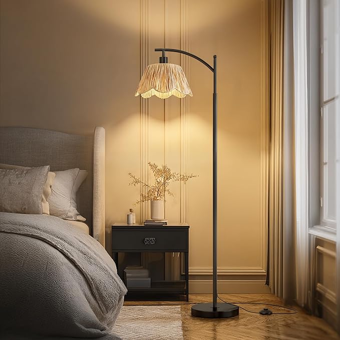 Oneach Arc Floor Lamp for Living Room with 3 Color Temperatures, Rattan Boho Floor Lamp with Hand-Woven Wicker Shade,Farmhouse Floor Lamps with Remote & Dimmable Bulb, Suitable for Bedroom（Black）-Ruum Studio Home