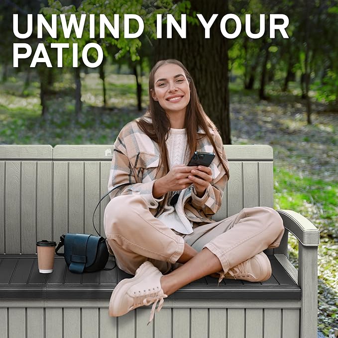 EconoHome 3 Seat Outdoor Storage Bench with Rain Cover - 90 Gallon Capacity - Weatherproof Resin Bench for Patio, Porch, Garden, Yard, Pool Area - Furniture for Pool Accessories, Gardening Tools-Ruum Studio Home
