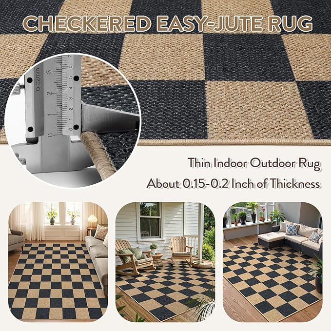 Lahome Checkered Easy Jute Area Rug, 5x7 Outdoor Patio Rug Washable Carpet for Living Room Checkerboard Indoor Outdoor Carpet, Farmhouse Geometric Non Slip Black Mat for Backyard Dining Room-Ruum Studio Home