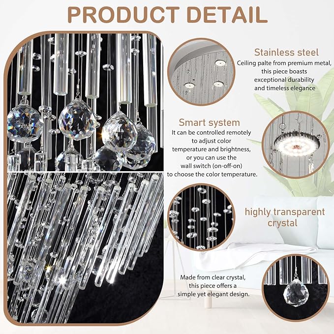 D24''XH86'' Large Chandeliers Modern Pendant Chandelier Lighting Raindrop Crystal Chandelier Flush Mount Ceiling Light for Entryway Staircase Hotel Lobby-Ruum Studio Home