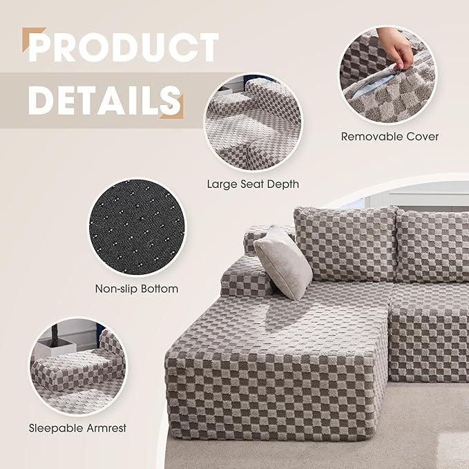 Hobestluk 96” Modular Sectional Sofa Couches L-Shape Couch 3 Seat Modular Sofa Memory Foam Sectional Couches for Living Room, Cloud Couch with Oversized Chaise (Grey, Checked (Left Facing Chaise))-Ruum Studio Home