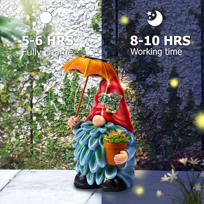Solar Outdoor Statues Gnome Garden Decor, Garden Gnome with Solar LED Umbrella Decorative for Patio, Balcony, Lawn, Yard Ornament - Unique Gardening Gifts for Mom Grandma-Ruum Studio Home