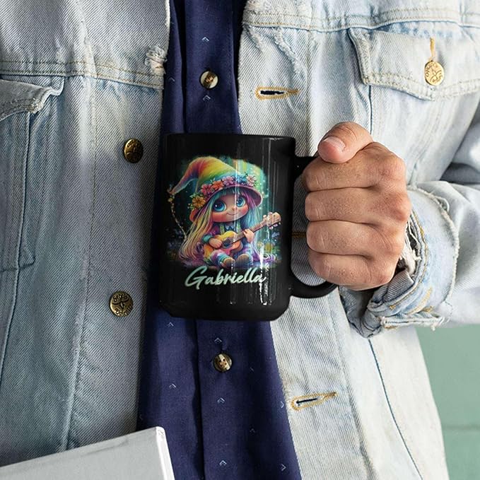 Customized Adorable Gnome With Guitar Mug 11oz 15oz, Personalized Name Coffee Cup, Gnome And Northern Lights Mug, Custom Whimsical Music Ceramic Cup, Gnome Black Mug Gift For Kids-Ruum Studio Home