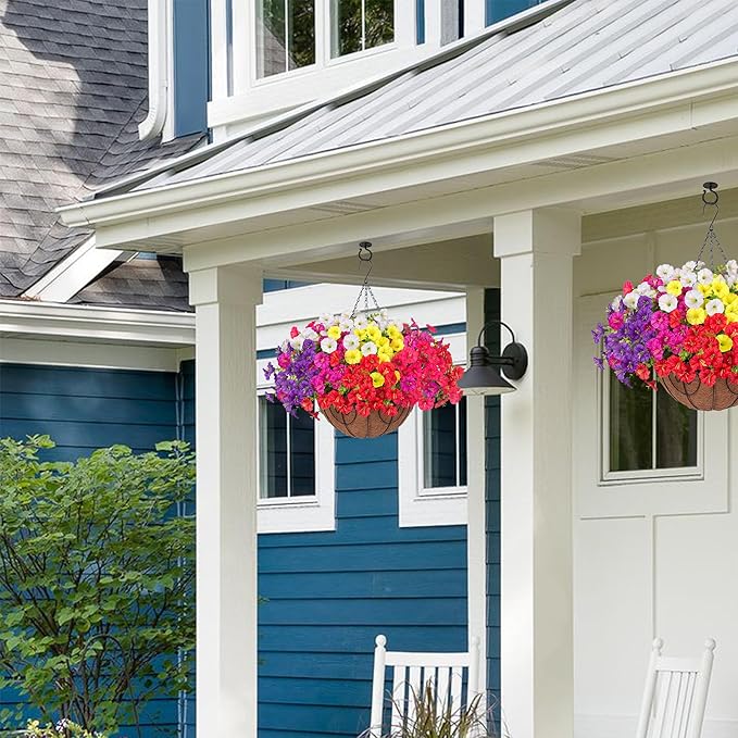 Artificial Faux Hanging Flowers Plants Basket for Outdoors, Silk Morning Glory with Eucalyptus in Planter Look Real UV Resistant Fake Flowers for Porch Outside Patio Balcony Yard Indoor Summer Decor-Ruum Studio Home