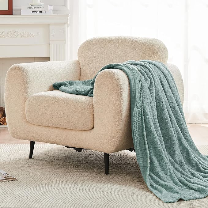 EMME Muslin and Fleece Throw Blanket Reversible - 50"*60" Teal Soft Warm Throw Blankets for Couch Bed Picnic Travel Bed-Ruum Studio Home