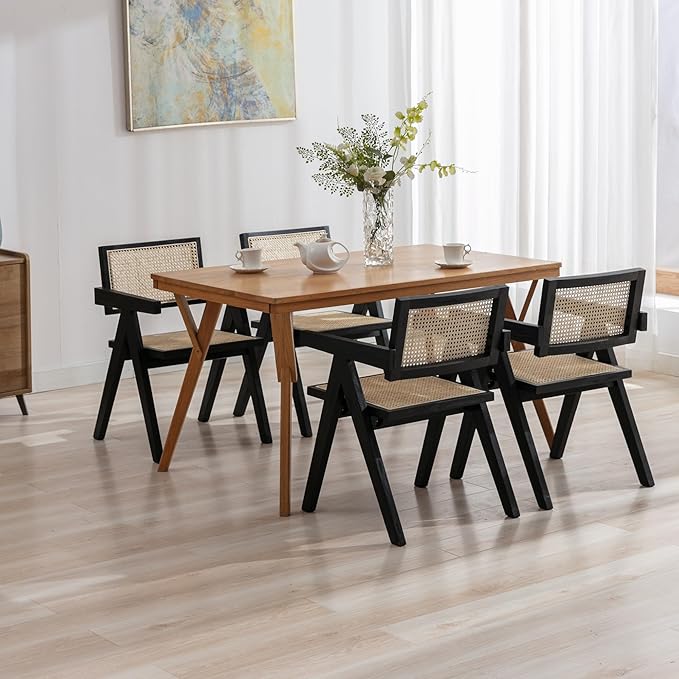 Rattan Dining Chairs Set of 2, Farmhouse Wicker Dining Chairs with Cane Seat Accent Armchair for Dining Room Kitchen Restaurant, Walnut-Ruum Studio Home