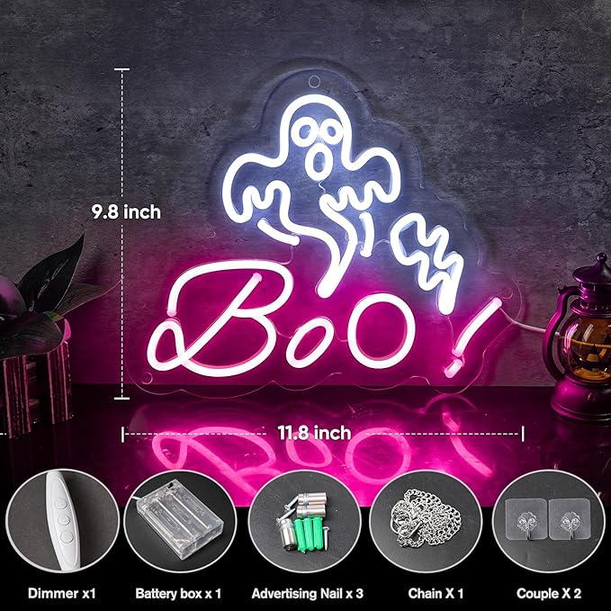 HRGXYUN Halloween Dimmable Ghost Neon Sign, Pink Boo Neon light for Wall Decor,Custom Neon Sign for Bar Club Ghost Room Decoration,5V USB Power 11.8 * 9.85in-Ruum Studio Home